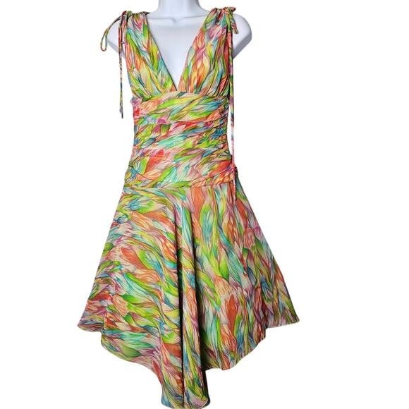 VTG Y2K ABS Allen Schwartz Rainbow Swirl Ruched Dress Handkerchief Hem Size 2 - Picture 1 of 13